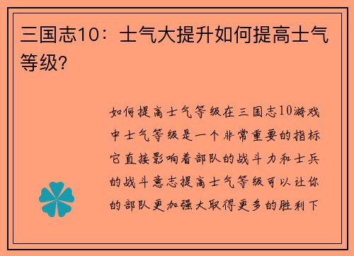 三国志10：士气大提升如何提高士气等级？