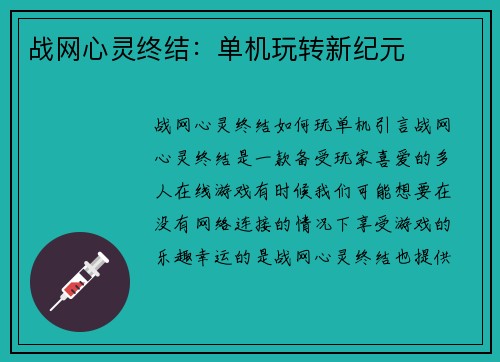 战网心灵终结：单机玩转新纪元