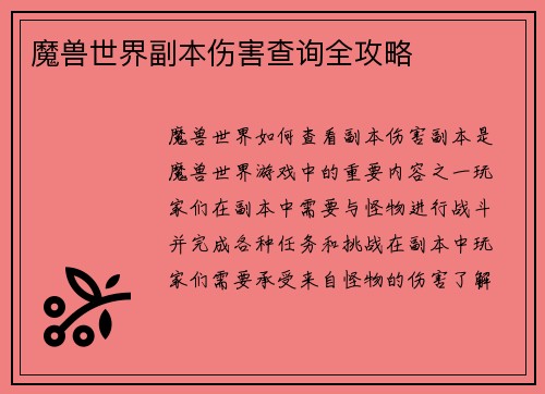魔兽世界副本伤害查询全攻略